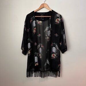 Hot topic no face Black Sheer Kimono Top with Fringe
